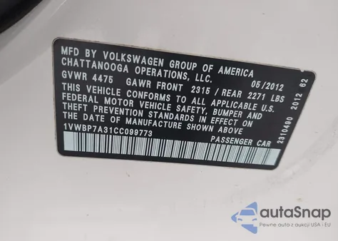 2012 Volkswagen Passat 2.5L Se from USA, damaged, VIN 1VWBP7A31CC099773